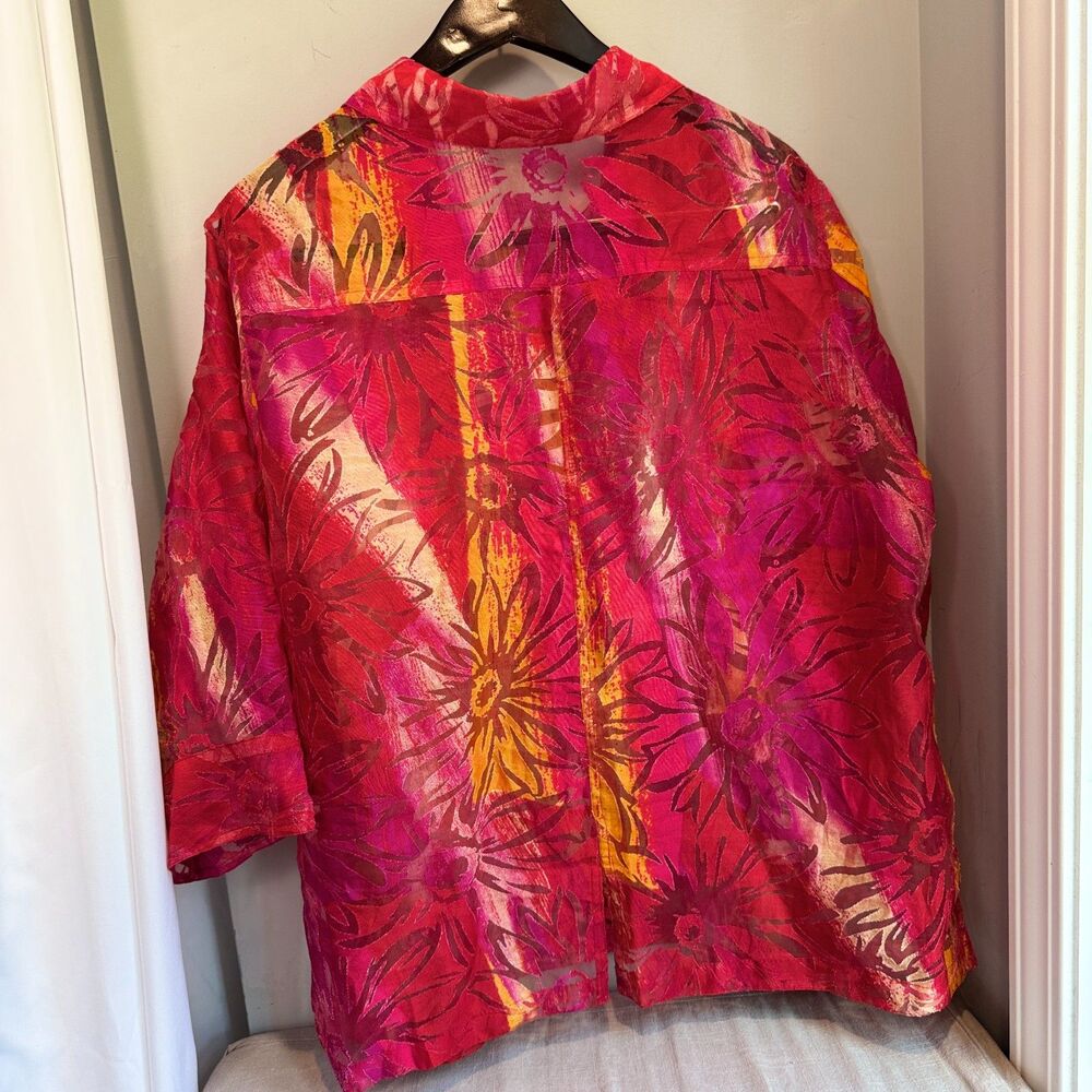 Choices Woman Blouse Women's 2X Red Pink Orange Sheer Resort Button Shirt - Picture 5 of 8